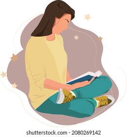 mujer leyendo un libro y sentada sobre el fondo abstracto. Concepto de estudio a distancia, ganancia y autoeducación. Ilustración vectorial factible