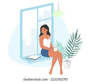 Woman reading book sitting on window vector illustration. Young girl enjoying relax time at cozy home isolated on white background. Literature fan reader rest on weekend