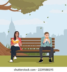 Woman reading a book sitting on a bench in park. She steal a glance at a handsome man eating sandwich sitting next to her on a bench. Flat vector illustration isolated on white background