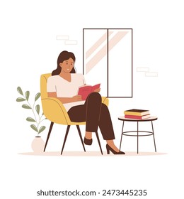 Mujer leyendo un libro sentada en un sofá junto a la ventana. Ilustración para Sitios web, landing pages, aplicaciones móviles, posters y Anuncios. Ilustración vectorial plana moderna