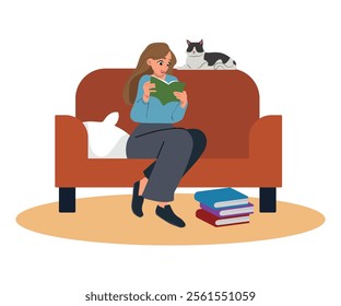 Woman reading book, sitting on sofa. Girl reader relaxing at home, resting with literature. Female on cozy couch, leisure time in apartment. Flat vector illustration isolated on white background