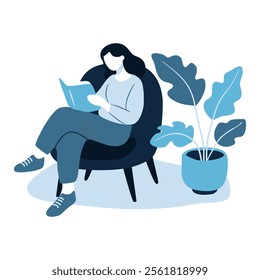 woman reading book sitting on chair with plant