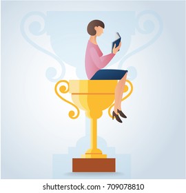 woman reading book and sitting on the gold trophy vector illustration