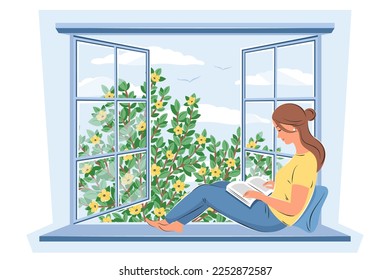 Woman reading book and sitting at the spring window. Spring vector illustration for  bookshop, library, bookstore or education.
