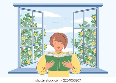 Woman reading book and sitting at the spring window. Spring vector illustration for  bookshop, library, bookstore or education.
