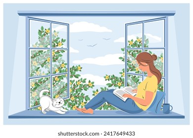 Woman reading book and sitting at the spring window. Layout design for bookstore, library, bookshop or education. Vector illustration
