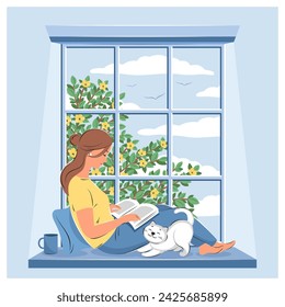 Woman reading book and sitting at the spring window. Layout design for bookstore, library, bookshop or education. Vector illustration
