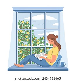 Mujer leyendo un libro y sentada en la ventana de primavera. Diseño de diseño para librería, biblioteca, librería o educación. Ilustración de vector
