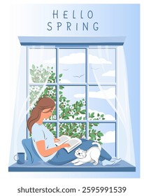Woman reading book and sitting at the spring window. Layout design for bookstore, library, bookshop or education. Vector illustration
