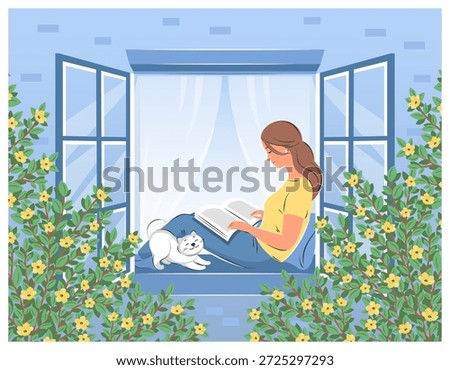 Woman reading book and sitting at the spring or summer window with flowers. Vector illustration for bookstore, library, bookshop. 
