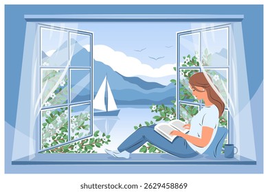 Woman reading book and sitting at the summer window overlooking the mountains and sailboat. Tourism concept, travel, vacation with a book. Vector illustrationfor bookstore, library.
