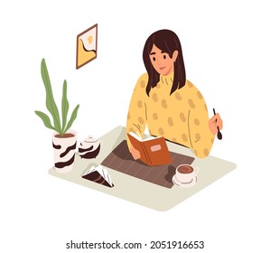 Woman reading book, sitting at table with coffee cup in morning. Person resting with literature and tea at leisure. Female with novel in hands. Flat vector illustration isolated on white background