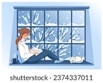 Woman reading book and sitting at the winter window. Cozy winter vector illustration
