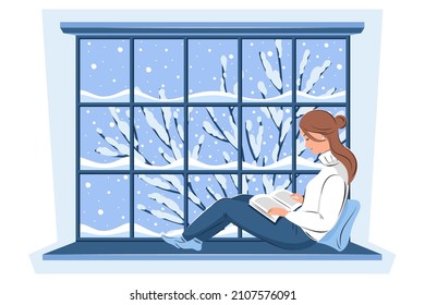 Woman reading book and sitting at the winter window. Cozy winter vector illustration
