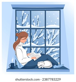 Frauen lesen Buch und sitzen im Winterfenster. Gemütliche Wintergrafik
