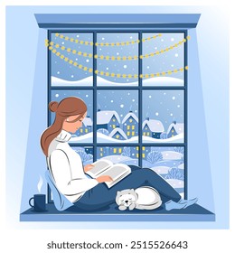 Mulher lendo livro e sentada na janela de inverno. Ilustração de vetor de inverno aconchegante
