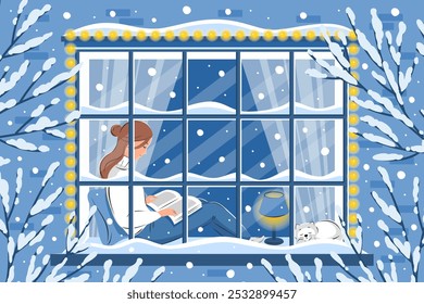 Woman reading book and sitting at the winter window. New Year and Christmas background. Cozy winter vector illustration for bookshop, library, bookstore. 