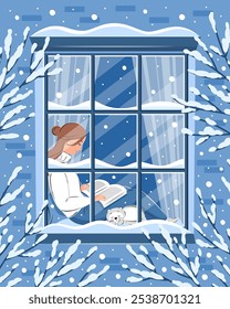 Mulher lendo livro e sentada na janela de inverno. Ano Novo e fundo de Natal. Ilustração de vetor de inverno acolhedor para livraria, biblioteca, livraria. 