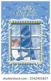 Woman reading book and sitting at the winter window. Merry Сhristmas lettering. Cozy winter vector illustration for bookstore, library, sale in bookshop.