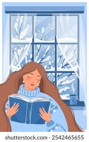 Woman reading book and sitting at the winter window. Cozy winter vector illustration for bookstore, library, sale in bookshop.