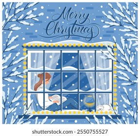 Woman reading book and sitting at the winter window. Merry Сhristmas lettering. Cozy winter vector illustration for bookstore, library, sale in bookshop.