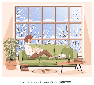 Woman reading book and sitting at the winter window. Cozy winter vector illustration for bookstore, library, sale in bookshop.
