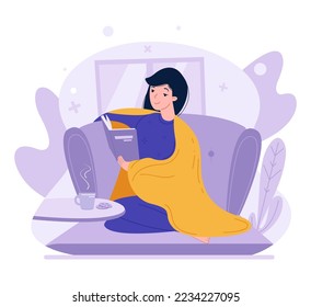 Woman reading book sitting wrapped in plaid vector. Young girl enjoying relax time at cozy home isolated on white background. Literature fan reader rest on weekend