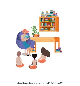 woman with reading book in the sofa and children