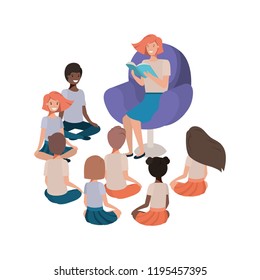 woman reading book in the sofa with kids