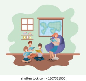 woman reading book in the sofa with kids