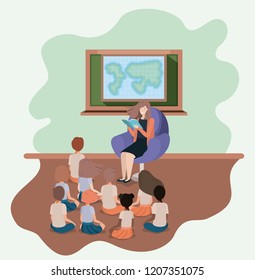 woman reading book in the sofa with kids
