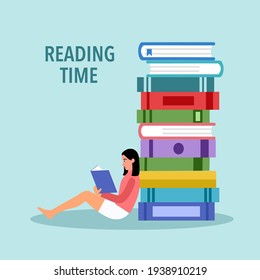 Woman reading book with stack of books in flat design. Reading time concept vector illustration. I love reading. Knowledge is power.