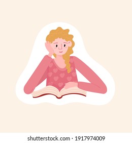 Woman is reading book. Sticker of girl studying. Female reader with novel. Student hold book. Distance learning and self education concept.