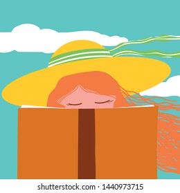 Woman reading book in summer day and relax time with yellow hat - vector illustration