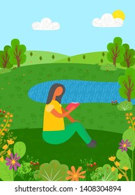 Woman reading book surrounded by nature vector, person sitting by lake pond water and trees, bushes and flowers, hills and sunshine, vacation of lady