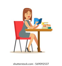 Woman Reading A Book At The Table, Smiling Person In The Library Vector Illustration