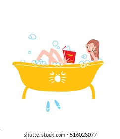 Woman reading a book taking a bath with a foam. vector illustration. Female lying in the bathtub. 