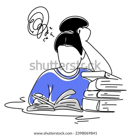 Woman reading book and thinking something A stress concept artwork features a person with the word Oh No enclosed in a thought bubble