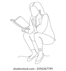 Woman Reading a Book in a Thoughtful Pose — Minimalist Line Art