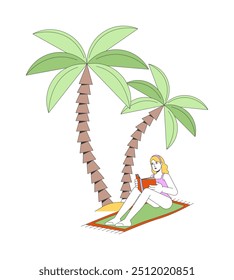 Woman reading book under palm trees 2D cartoon character. Summer vacation. Caucasian female resting on exotic beach isolated person flat vector on white background. Spot illustration colorful