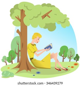 Woman reading a book under a tree in summer landscape (Fifties retro style)