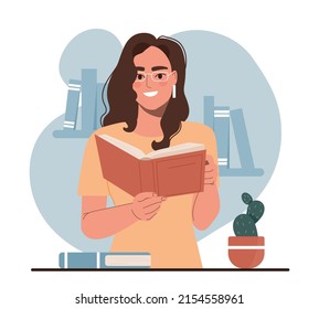 Mujer leyendo libro. Hobbies útiles y amor por la literatura. Estudiante haciendo deberes, preparándose para el examen y examen. Educación y autodesarrollo. Dibujo vectorial plano de dibujos animados