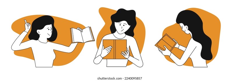 Woman reading book vector concept illustration. Education character and student study. Knowledge with literature and female hobby learning. Smart information and educational literary. Clever adult