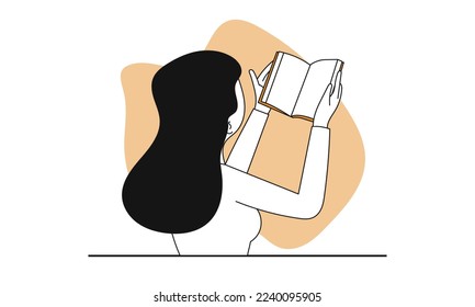 Woman reading book vector concept illustration. Education character and student study. Knowledge with literature and female hobby learning. Smart information and educational literary. Clever adult