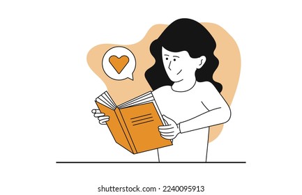 Frau Lesebuch Vektorgrafik Konzept Illustration. Bildungscharakter und Studentenstudium. Wissen mit Literatur und Hobby-Lernen für Frauen. Intelligente Information und Bildungsliteratur. Cleverer Erwachsener