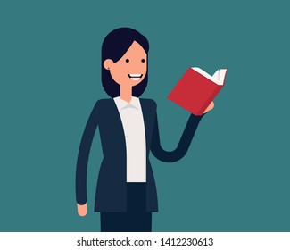 Woman reading book. Vector illustration education concept,  Cartoon character flat style design. Man holding book in his hand.