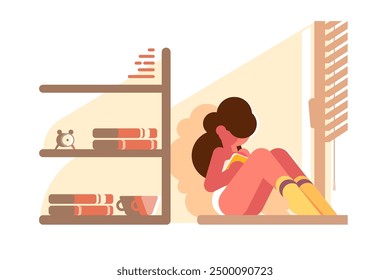 Woman Reading with Book. Vector illustration of character sitting floor indoors, relaxing, reading book.