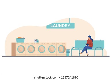 Woman reading book and waiting for her laundry. Room, washing machines. Flat vector illustration. Laundry service concept can be used for presentations, banner, website design, landing web page