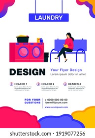 Woman reading book and waiting for her laundry. Room, washing machines. Flat vector illustration. Laundry service concept can be used for presentations, banner, website design, landing web page