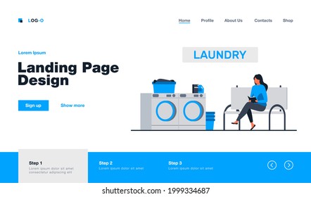 Woman reading book and waiting for her laundry. Room, washing machines. Flat vector illustration. Laundry service concept can be used for presentations, banner, website design, landing web page